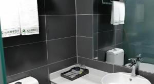 a bathroom with a sink and a toilet and a mirror at GreenTree Inn Hami Railway Station Bayi Road in Qumul