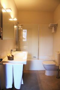 uma casa de banho com um lavatório, um chuveiro e um WC. em Hotel Altamira em Santillana del Mar