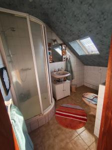 a bathroom with a shower and a sink at Krämer-Bude in Oberkrämer
