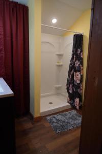 a walk in shower with a shower curtain in a bathroom at 3Br Premium Suites Autumn Midweek - 35 Off Promo! in Pleasant Mount +30 photos