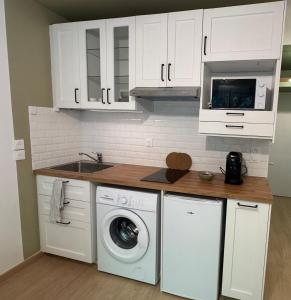 a kitchen with white cabinets and a washing machine at L'ombelle - Studio vert d'eau avec petit extérieur in Darnétal +14 photos