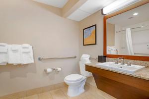 a bathroom with a toilet and a sink and a mirror at Comfort Suites Gastonia - Charlotte in Gastonia +35 photos