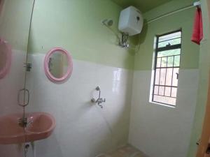 a bathroom with a pink sink and a mirror at Siej Homestay in Cherrapunji