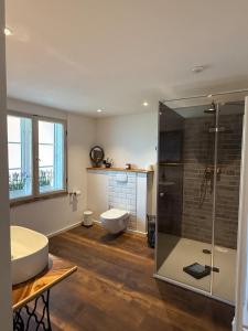 ein Badezimmer mit Dusche, Waschbecken und Toilette in der Unterkunft Müllerstube im historischen Müllerhaus in Lübeck