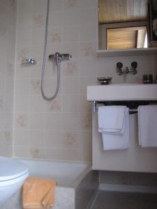 グリンデルワルトにあるガストホフ アルテ ポストのバスルーム(シャワー、洗面台、トイレ付)