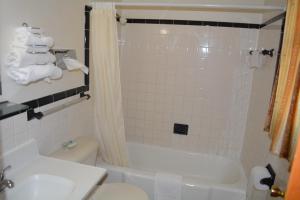 ein Badezimmer mit einer Badewanne, einem Waschbecken und einem WC in der Unterkunft Ventura Motel in Ludington