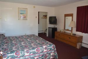 ein Hotelzimmer mit einem Bett und einem TV in der Unterkunft Ventura Motel in Ludington