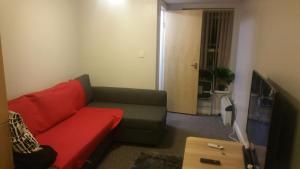 sala de estar con sofá rojo y mesa en Lower Cathedral Road Apartment, en Cardiff