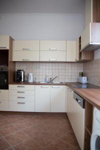 a kitchen with white cabinets and a counter top at Althaus Vendégház in Németkér