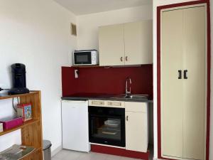 Appartement 2 pièces cabine 6 couchages PORT LEUCATE NATURISME PL080-TB21 في بورت لوكات: مطبخ مع مايكرويف ومغسلة وموقد