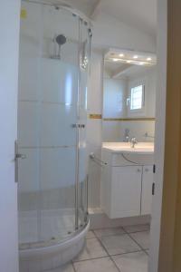 a bathroom with a glass shower and a sink at Appartement 3 pièces 6 couchages LEUCATE NATURISME PL010-049 in Port Leucate