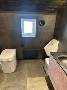 a bathroom with a toilet and a sink and a window at Bottheimsætra 