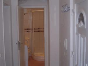 a bathroom with a shower and a toilet in a room at Apartments Jeličić in Crikvenica