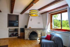 a living room with a couch and a fireplace at Domaine Jurassic Farm in Moirans-en-Montagne