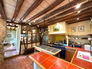 a large kitchen with wooden ceilings and wooden counters at Clos de Fougères - Domaine intégral in Montoillot