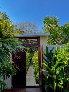 an open door into a garden with palm trees at Pera ONE Villas in Gili Trawangan