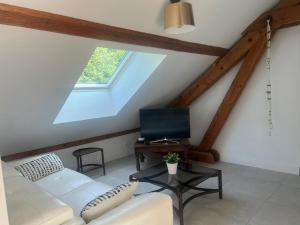 a living room with a white couch and a tv at Appartement Ampuis Villa Monplaisir in Ampuis