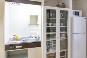 eine Küche mit Spüle und Kühlschrank in der Unterkunft Hotel Small World in Hiroshima