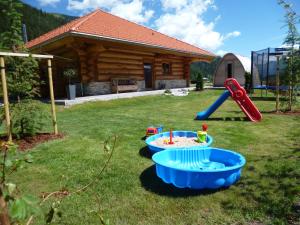 dos equipos de juego en un patio frente a una cabaña en Adlernest Lechtal en Bach