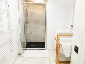una doccia con una porta in vetro in un bagno di Appart Hotel Cinéma Perpignan a Perpignano Altre 11 foto