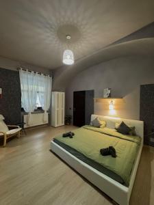 a bedroom with a large bed with green sheets at BE&EN Cozy Ultracentral Apartment in Arad
