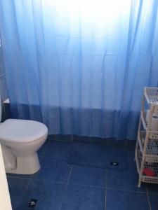 a bathroom with a toilet and a blue shower curtain at 1 bedroom in Regina Gardes 2 in Paphos City +7 photos