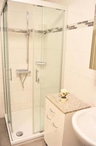 a bathroom with a shower and a sink at Seewind 5 in Cuxhaven