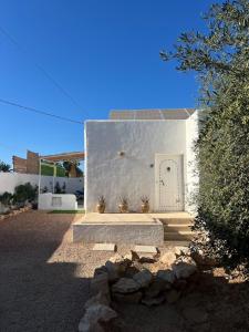 a white building with a door with potted plants at Mediterranean house in Djerba Midoun in Taguermess