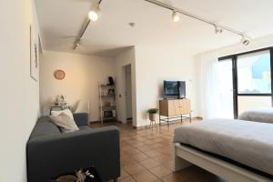 a bedroom with a bed and a couch and a tv at Westfalio Apartments - small apartment with balcony in Lüdenscheid