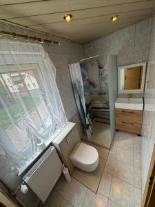 Un baño con inodoro, lavabo y ventana. en Ferienhaus WorkersParadise, en Elxleben