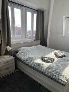a bedroom with a bed with a window at Cocon Mouvaux - Comfort and serenity - close to tram in Mouvaux