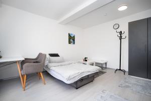 a bedroom with a bed and a desk and a chair at Modern roof terrace apartment fully equipped in Königsbrunn