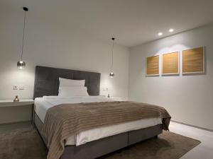 a bedroom with a large bed and two pendant lights at Toploft Serviced Apartments in Crailsheim
