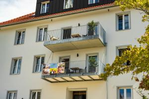 a building with two balconies with dogs on them at Das Adler in Markdorf