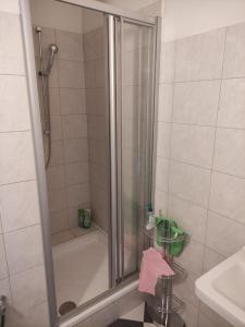 eine Dusche mit einer Glastür in einem Badezimmer in der Unterkunft Zizkov Stay - Close to Center in Prag