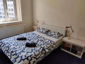 ein Schlafzimmer mit einem Bett, auf dem zwei Taschen liegen in der Unterkunft Zizkov Stay - Close to Center in Prag + 3 Fotos