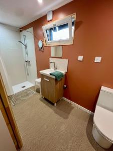 CommerにあるGîte du Moulinの洗面台、シャワー、トイレ付きのバスルーム
