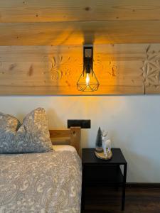 Un dormitorio con una cama y una lámpara sobre una mesa. en Koperkowe Domki Zakopane, en Zakopane