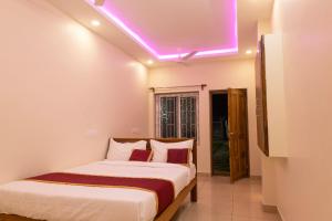 蓬蒂切里Le Pon Villa的一间卧室配有一张带紫色灯的天花板床。