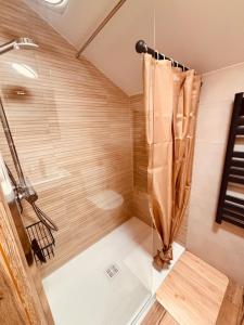 eine Dusche mit Duschvorhang im Bad in der Unterkunft Le Chantoiseau in Muhlbach-sur-Munster