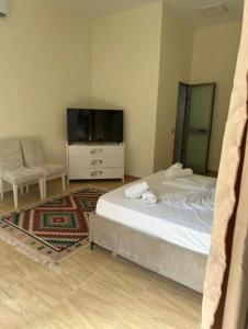 une chambre avec un lit et une télévision à écran plat dans l'établissement Aura Apartaments 3, à Tirane