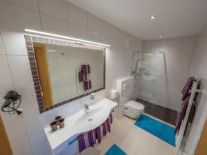 a bathroom with a sink and a toilet and a mirror at Ferienwohnungen Egger in Tux +25 photos
