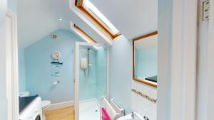 a bathroom with a shower and a toilet and a sink at Thimble Cottage in Sidmouth