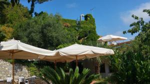 聖費利切－奇爾切奧的住宿－Hotel Giardino degli Ulivi，两把白色的伞,坐在大楼前