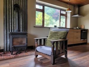 a living room with a chair and a stove at Halls Cleave, Woodland Retreat, Moretonhampstead, Dartmoor in Moretonhampstead