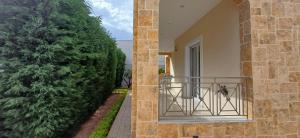 a large green bush next to a balcony at Blue Ark Aigeira Flat & Studio in Aíyira