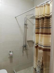 a shower with a shower curtain in a bathroom at Сарканд in Sarqan +37 photos