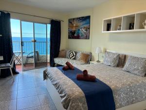 a bedroom with a bed with two teddy bears on it at Apartamento Monis Natura in Icod de los Vinos