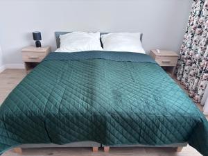 un edredón verde en una cama en un dormitorio en Bezpieczna Przystań, en Frombork