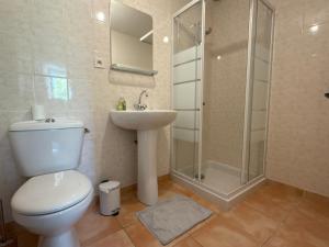 a bathroom with a toilet and a sink and a shower at Gite du milieu - 8 personnes en pleine campagne et rivière By Primo in La Forêt-sur-Sèvre +38 photos